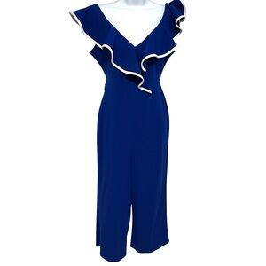 Bebe Blue Ruffle Trim Jumpsuit Size Small Formal Business Pants Suit Tie Front
